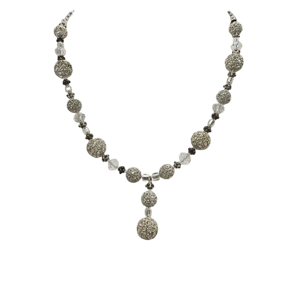 Silver Tone Plastic Crystal & Ball Drop Necklace Jewelry